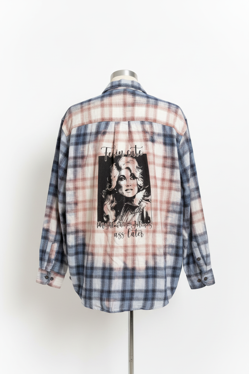 Trestles Clothing Company upcycled oversized plaid flannel with a bleached Dolly Parton graphic on the back